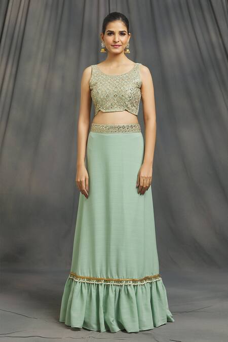 Naintara Bajaj_Green Silk, Chiffon, Net Sequins, Diamonds, Embroidered Blouse Lehenga Set_Online_at_Aza_Fashions