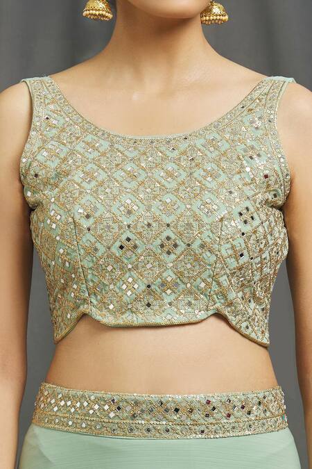 Buy_Naintara Bajaj_Green Silk, Chiffon, Net Sequins, Diamonds, Embroidered Blouse Lehenga Set_Online_at_Aza_Fashions