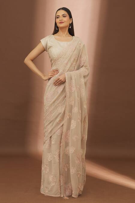 Turaja_Pink Georgette Embroidered Resham Round Flower Embellished Saree With Blouse_Online_at_Aza_Fashions