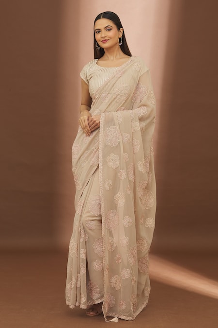 Buy_Turaja_Pink Georgette Embroidered Resham Round Flower Embellished Saree With Blouse_Online_at_Aza_Fashions