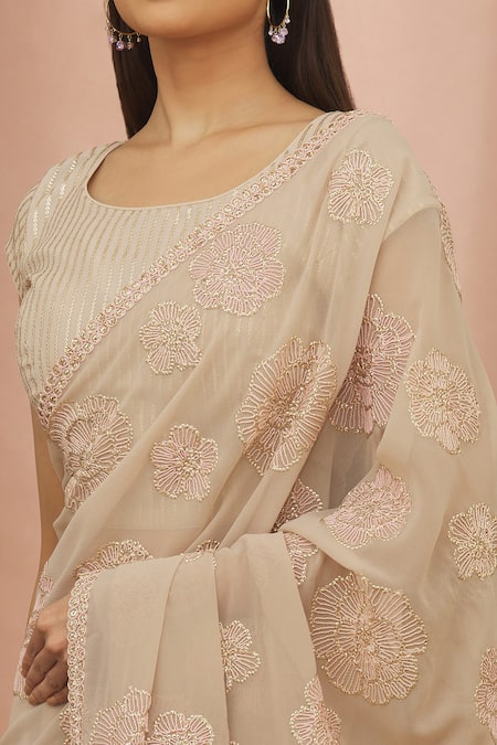 Turaja_Pink Georgette Embroidered Resham Round Flower Embellished Saree With Blouse_at_Aza_Fashions