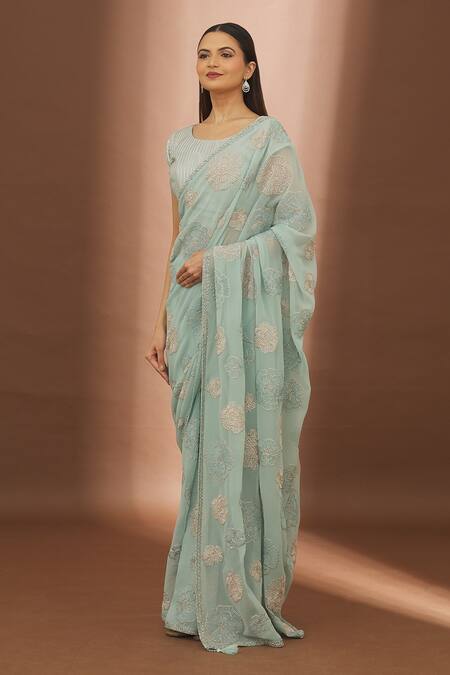 Shop_Turaja_Blue Georgette Embroidery, Sequins Round Neck Resham Floral Saree With Blouse