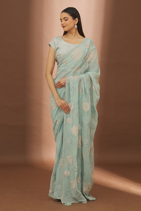 Turaja_Blue Georgette Embroidery, Sequins Round Neck Resham Floral Saree With Blouse_Online_at_Aza_Fashions