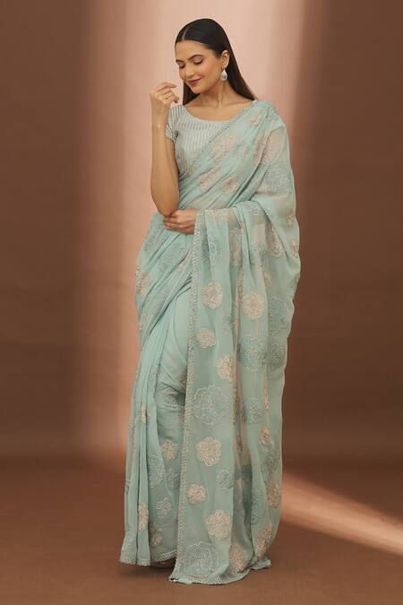 Buy_Turaja_Blue Georgette Embroidery, Sequins Round Neck Resham Floral Saree With Blouse_Online_at_Aza_Fashions