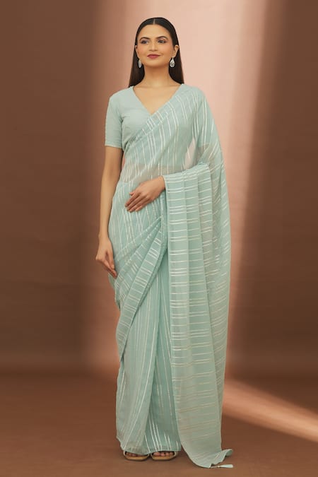 Turaja_Blue Georgette Embroidered Gota Patti V Neck Saree With Blouse_at_Aza_Fashions
