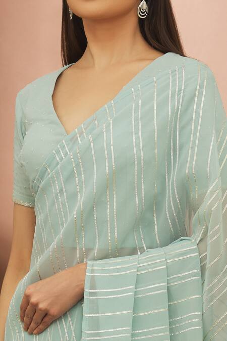 Buy_Turaja_Blue Georgette Embroidered Gota Patti V Neck Saree With Blouse_Online_at_Aza_Fashions