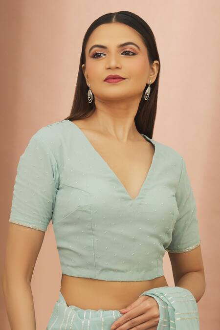 Shop_Turaja_Blue Georgette Embroidered Gota Patti V Neck Saree With Blouse_Online_at_Aza_Fashions