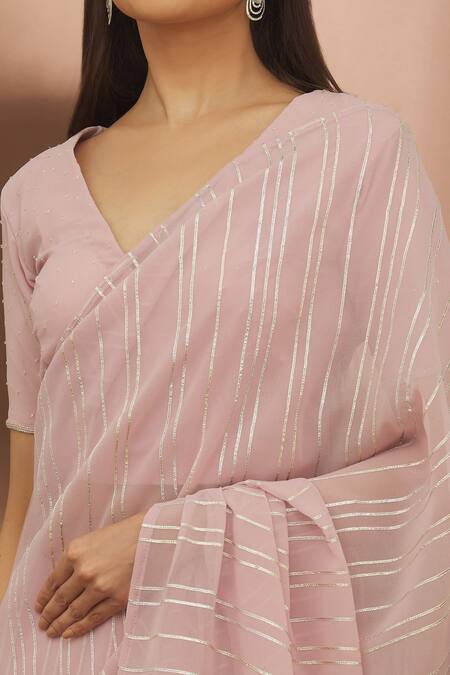 Buy_Turaja_Purple Georgette Embroidered Gota Patti V Neck Lace Saree With Blouse_Online_at_Aza_Fashions