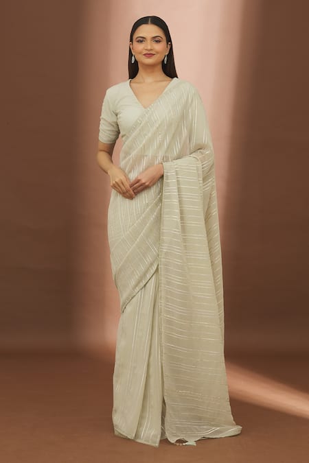 Turaja_Green Georgette Cut Work, Striped Gota Patti Embroidered Saree With Blouse_at_Aza_Fashions