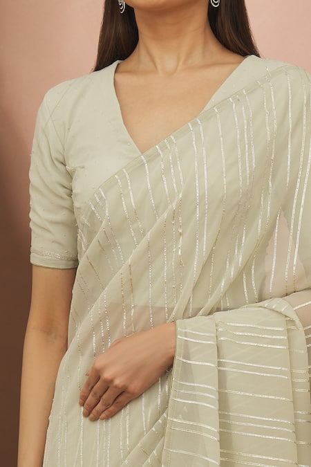 Buy_Turaja_Green Georgette Cut Work, Striped Gota Patti Embroidered Saree With Blouse_Online_at_Aza_Fashions