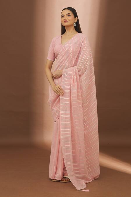 Turaja_Pink Georgette Embroidered Gota Patti V Neck Pastel Saree With Blouse_Online_at_Aza_Fashions