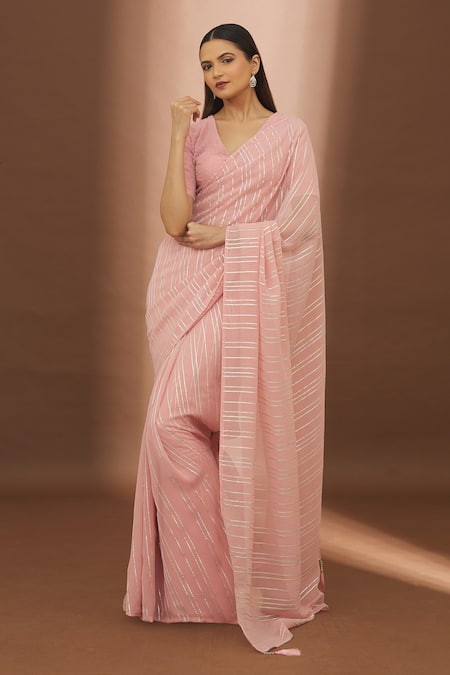 Buy_Turaja_Pink Georgette Embroidered Gota Patti V Neck Pastel Saree With Blouse_Online_at_Aza_Fashions