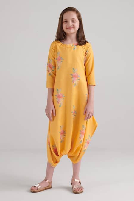 Pasha India Yellow Rayon Floral Amber Pattern Dhoti Jumpsuit 