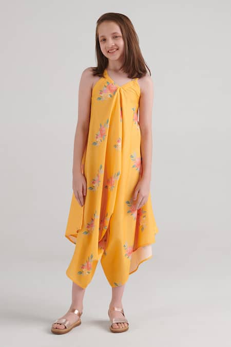 Pasha India Yellow Rayon Floral Amber Pattern Palazzo Jumpsuit 