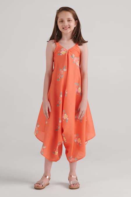 Pasha India Orange Rayon Floral Pattern Palazzo Jumpsuit 