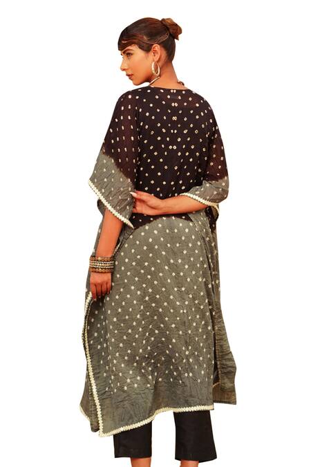 The Home Affair_Black Crepe, Cotton Mirrors Round Neck Tie Dye Bandhani Pattern Kaftan Set _Online_at_Aza_Fashions