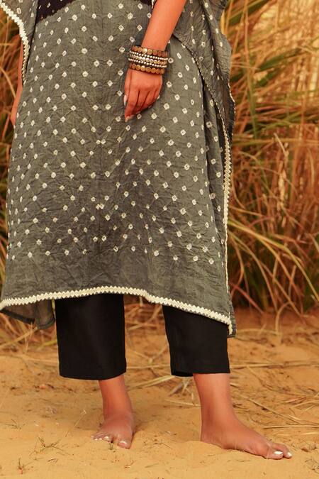 Shop_The Home Affair_Black Crepe, Cotton Mirrors Round Neck Tie Dye Bandhani Pattern Kaftan Set _Online_at_Aza_Fashions