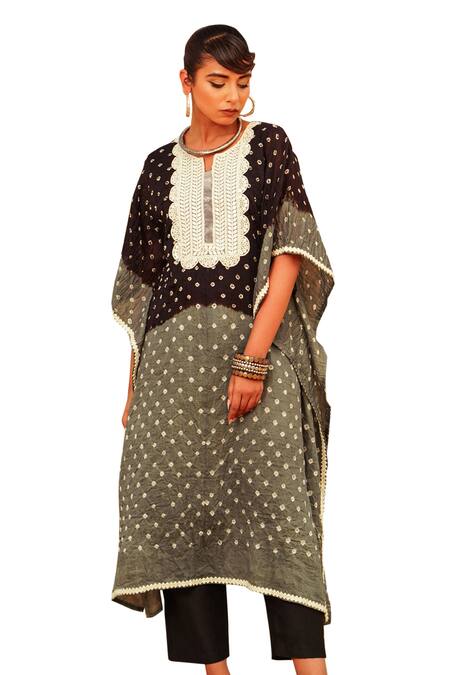 The Home Affair_Black Crepe, Cotton Mirrors Round Neck Tie Dye Bandhani Pattern Kaftan Set _at_Aza_Fashions