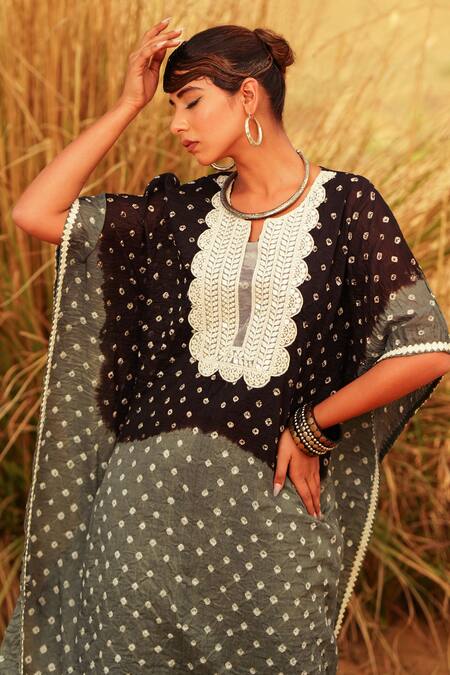 Shop_The Home Affair_Black Crepe, Cotton Mirrors Round Neck Tie Dye Bandhani Pattern Kaftan Set 