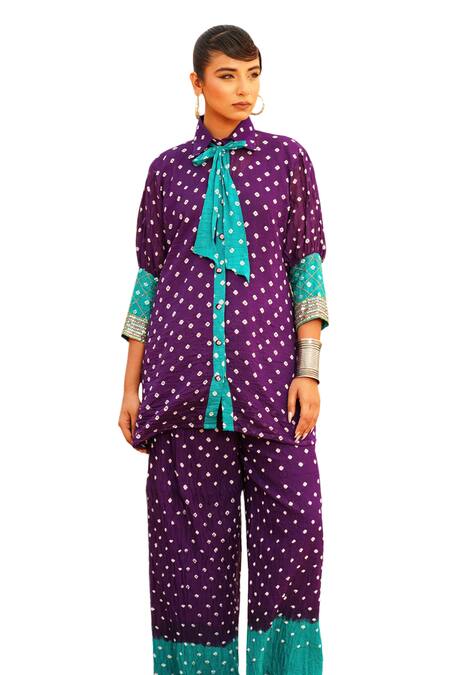 The Home Affair Purple Crepe, Cotton Mirrors, Zari Tie Dye Bandhani Pattern Kurta Pant Set Online at Aza Fashions The Home Affair_Purple Crepe, Cotton Mirrors, Zari Tie Dye Bandhani Pattern Kurta Pant Set _Online_at_Aza_Fashions