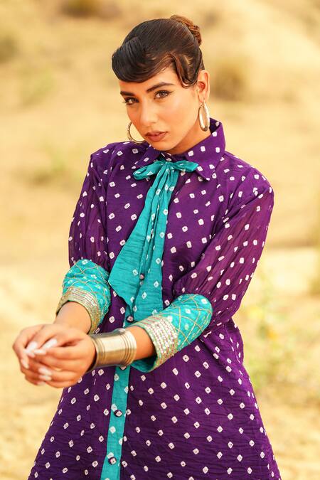 Buy The Home Affair Purple Crepe, Cotton Mirrors, Zari Tie Dye Bandhani Pattern Kurta Pant Set Online at Aza Fashions Buy_The Home Affair_Purple Crepe, Cotton Mirrors, Zari Tie Dye Bandhani Pattern Kurta Pant Set _Online_at_Aza_Fashions