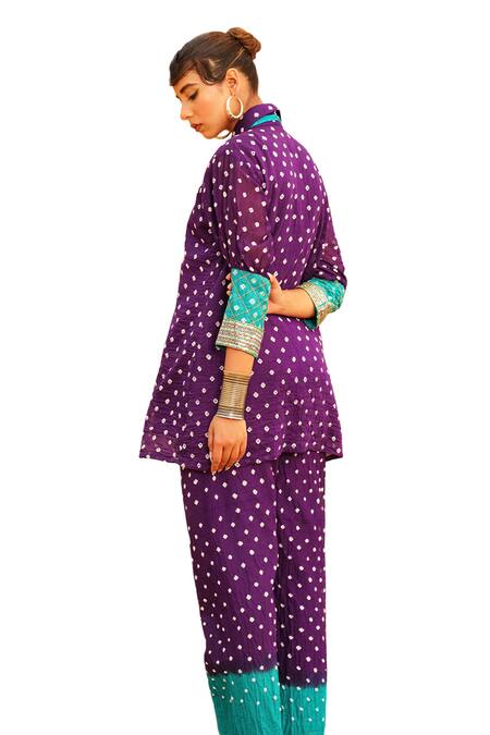 Shop The Home Affair Purple Crepe, Cotton Mirrors, Zari Tie Dye Bandhani Pattern Kurta Pant Set Online at Aza Fashions Shop_The Home Affair_Purple Crepe, Cotton Mirrors, Zari Tie Dye Bandhani Pattern Kurta Pant Set _Online_at_Aza_Fashions