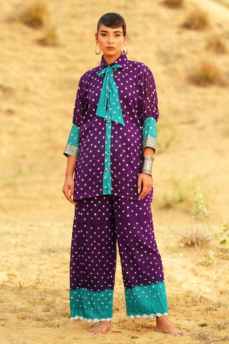 The Home Affair Purple Crepe, Cotton Mirrors, Zari Tie Dye Bandhani Pattern Kurta Pant Set at Aza Fashions The Home Affair_Purple Crepe, Cotton Mirrors, Zari Tie Dye Bandhani Pattern Kurta Pant Set _at_Aza_Fashions