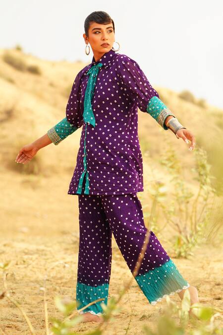 Buy The Home Affair Purple Crepe, Cotton Mirrors, Zari Tie Dye Bandhani Pattern Kurta Pant Set Buy_The Home Affair_Purple Crepe, Cotton Mirrors, Zari Tie Dye Bandhani Pattern Kurta Pant Set