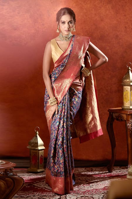 Samyukta Singhania Blue Handwoven Kashmiri Weave Paisley Chaap Saree With Running Blouse 