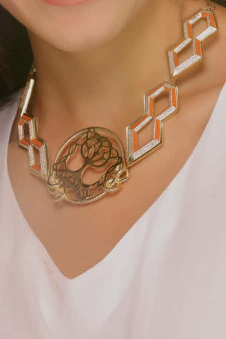 Gaurish bespoke jewellery Gold Plated Stone Le Losange Enamelled Hexagonal Necklace 