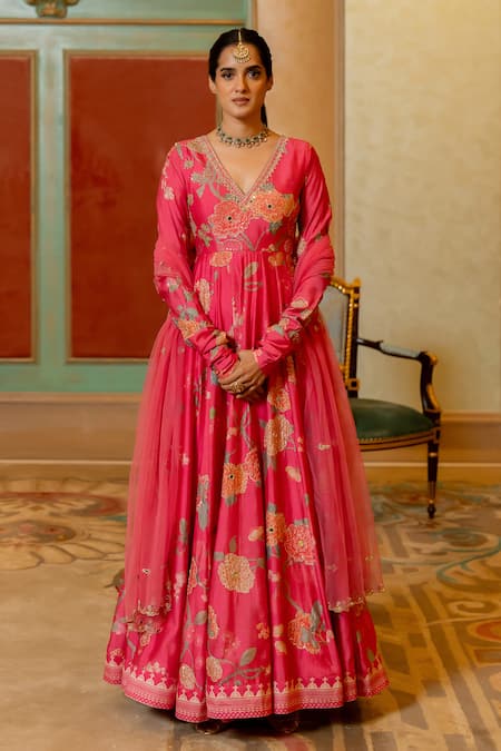 Paulmi And Harsh_Pink Chanderi Silk, Tissue Sequins, Blooming Floral Print Anarkali With Dupatta _at_Aza_Fashions