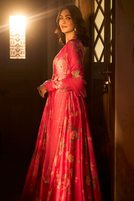 Buy_Paulmi And Harsh_Pink Chanderi Silk, Tissue Sequins, Blooming Floral Print Anarkali With Dupatta 