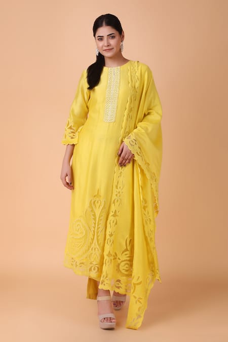 Nidhi Kejriwal Yellow Chanderi, Denim Embroidery, Cut Work Round Neck Floral Kurta Pant Set 