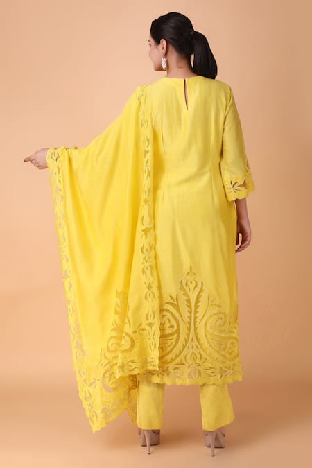 Shop_Nidhi Kejriwal_Yellow Chanderi, Denim Embroidery, Cut Work Round Neck Floral Kurta Pant Set _at_Aza_Fashions