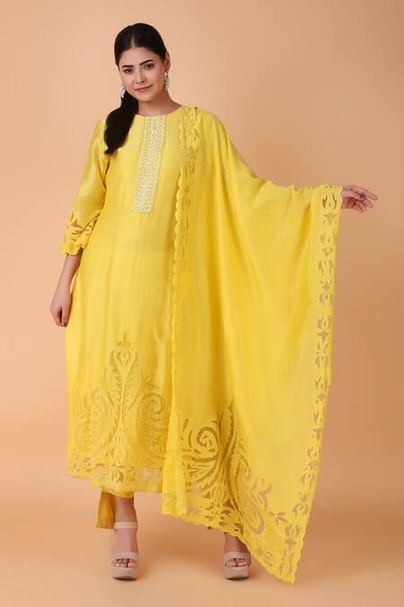Nidhi Kejriwal_Yellow Chanderi, Denim Embroidery, Cut Work Round Neck Floral Kurta Pant Set _Online_at_Aza_Fashions