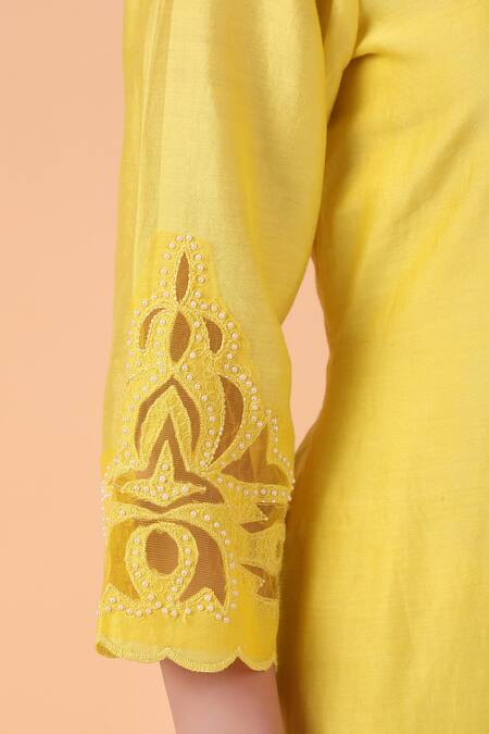 Shop Nidhi Kejriwal Yellow Chanderi, Denim Embroidery, Cut Work Round Neck Floral Kurta Pant Set Shop_Nidhi Kejriwal_Yellow Chanderi, Denim Embroidery, Cut Work Round Neck Floral Kurta Pant Set