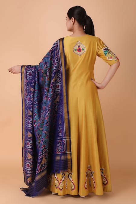 Shop_Nidhi Kejriwal_Yellow Embroidery, Pearls, Sequins, Cut Placement Peacock Anarkali With Dupatta _at_Aza_Fashions