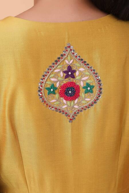 Buy_Nidhi Kejriwal_Yellow Embroidery, Pearls, Sequins, Cut Placement Peacock Anarkali With Dupatta _Online_at_Aza_Fashions