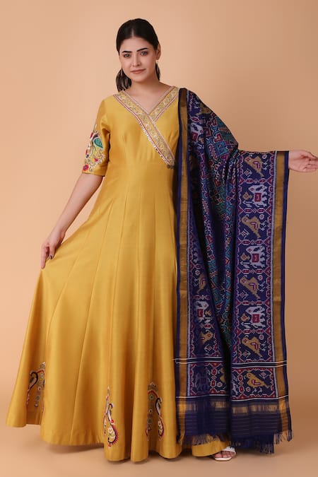 Shop_Nidhi Kejriwal_Yellow Embroidery, Pearls, Sequins, Cut Placement Peacock Anarkali With Dupatta _Online_at_Aza_Fashions
