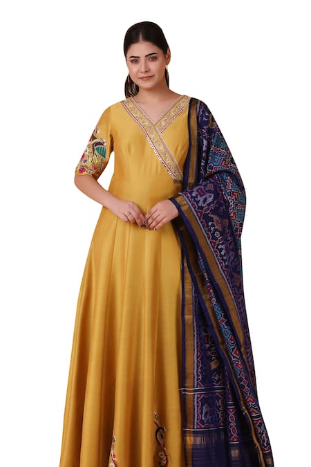 Nidhi Kejriwal Yellow Embroidery, Pearls, Sequins, Cut Placement Peacock Anarkali With Dupatta at Aza Fashions Nidhi Kejriwal_Yellow Embroidery, Pearls, Sequins, Cut Placement Peacock Anarkali With Dupatta _at_Aza_Fashions