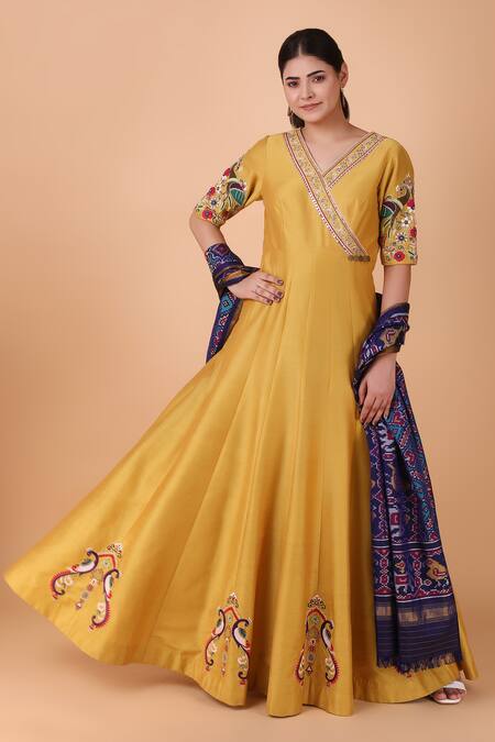 Shop Nidhi Kejriwal Yellow Embroidery, Pearls, Sequins, Cut Placement Peacock Anarkali With Dupatta Shop_Nidhi Kejriwal_Yellow Embroidery, Pearls, Sequins, Cut Placement Peacock Anarkali With Dupatta
