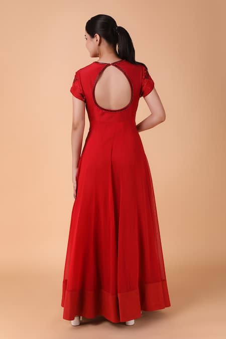 Shop_Nidhi Kejriwal_Red Georgette, Silk Embroidery Round Neck Tonal Sequin Bodice Anarkali _at_Aza_Fashions