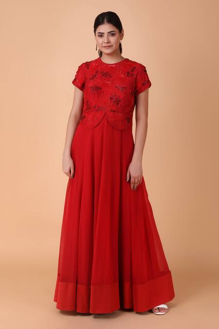 Nidhi Kejriwal_Red Georgette, Silk Embroidery Round Neck Tonal Sequin Bodice Anarkali _Online_at_Aza_Fashions