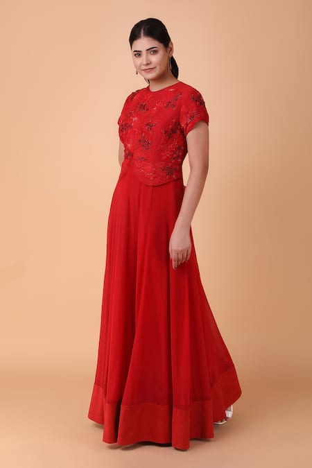 Buy_Nidhi Kejriwal_Red Georgette, Silk Embroidery Round Neck Tonal Sequin Bodice Anarkali _Online_at_Aza_Fashions