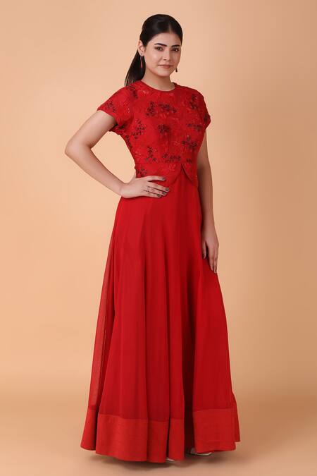 Nidhi Kejriwal_Red Georgette, Silk Embroidery Round Neck Tonal Sequin Bodice Anarkali _at_Aza_Fashions