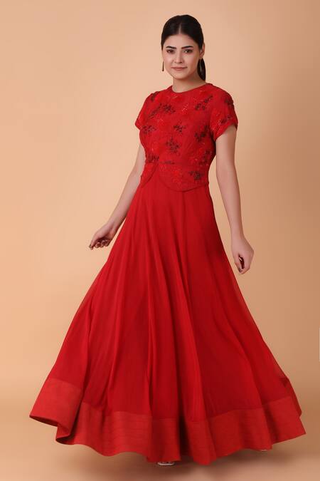 Buy_Nidhi Kejriwal_Red Georgette, Silk Embroidery Round Neck Tonal Sequin Bodice Anarkali 
