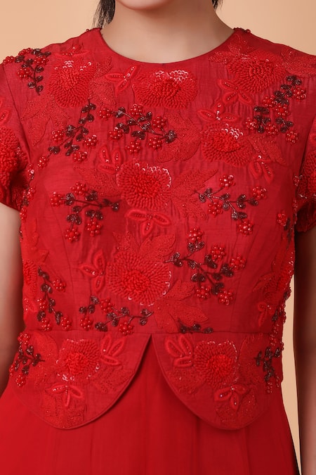 Shop_Nidhi Kejriwal_Red Georgette, Silk Embroidery Round Neck Tonal Sequin Bodice Anarkali 