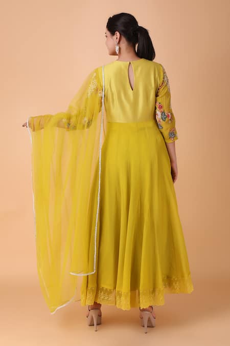 Shop_Nidhi Kejriwal_Green Organza, Silk Embroidery Round Neck Floral Bodice Anarkali With Dupatta _at_Aza_Fashions