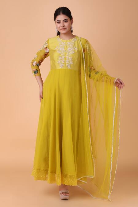 Nidhi Kejriwal_Green Organza, Silk Embroidery Round Neck Floral Bodice Anarkali With Dupatta _Online_at_Aza_Fashions