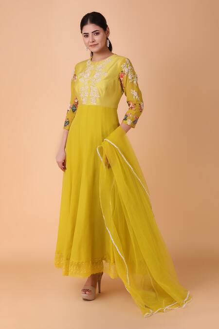 Buy_Nidhi Kejriwal_Green Organza, Silk Embroidery Round Neck Floral Bodice Anarkali With Dupatta _Online_at_Aza_Fashions